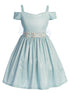 Girls Blue Sparkling Off Shoulder Flower Girl Dress 4-16 front SophiasStyle.com